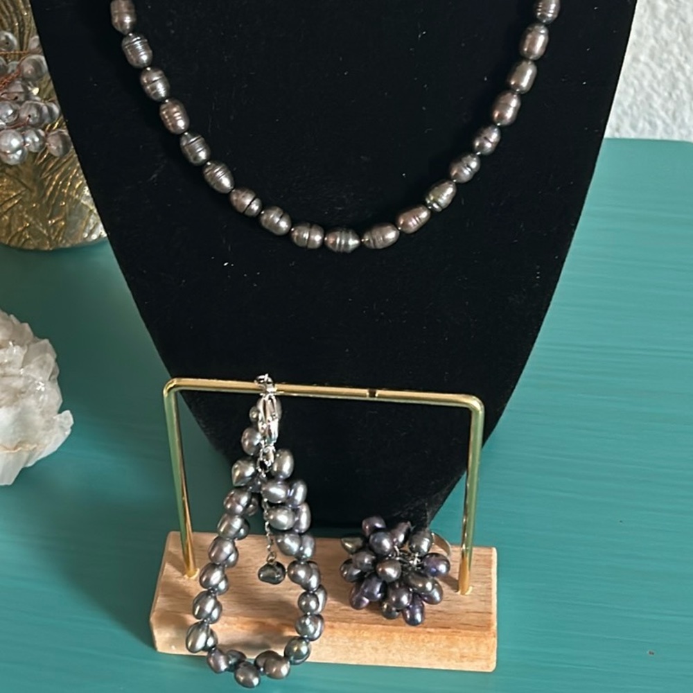 Set Peacock Luster Freshwater Rice Pearl Bracelet Ring Necklace Collection